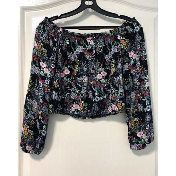 Divided H&M Womens Cropped Off Shoulder Colorful Floral Print Top Sz 4 Small - Picture 6 of 12